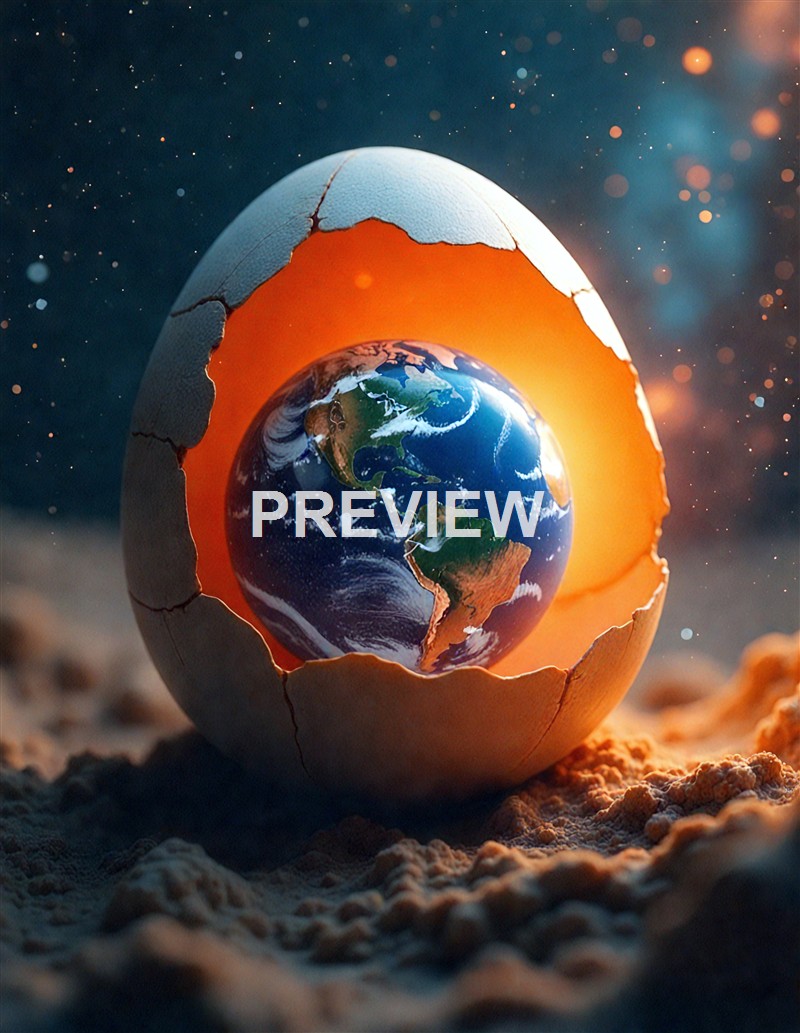 An image of the Earth inside a cracked eggshell, with the eggshell glowing from within, set against a cosmic background.